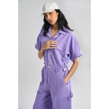 TERRA LUNA Women's Lavender Gili 100% Cotton Front Pocket Jumpsuit