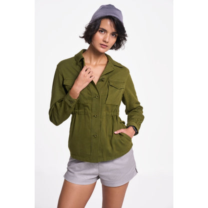 TERRA LUNA Women's Olive Solid Collar Neck Shacket