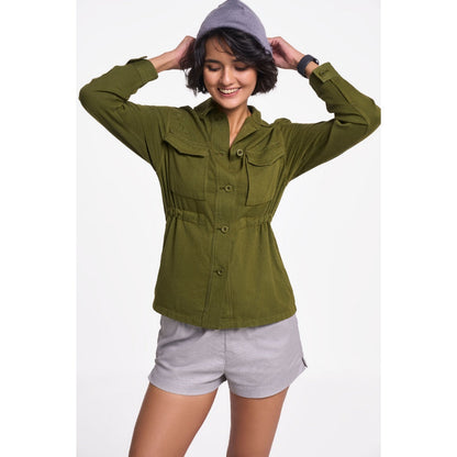 TERRA LUNA Women's Olive Solid Collar Neck Shacket