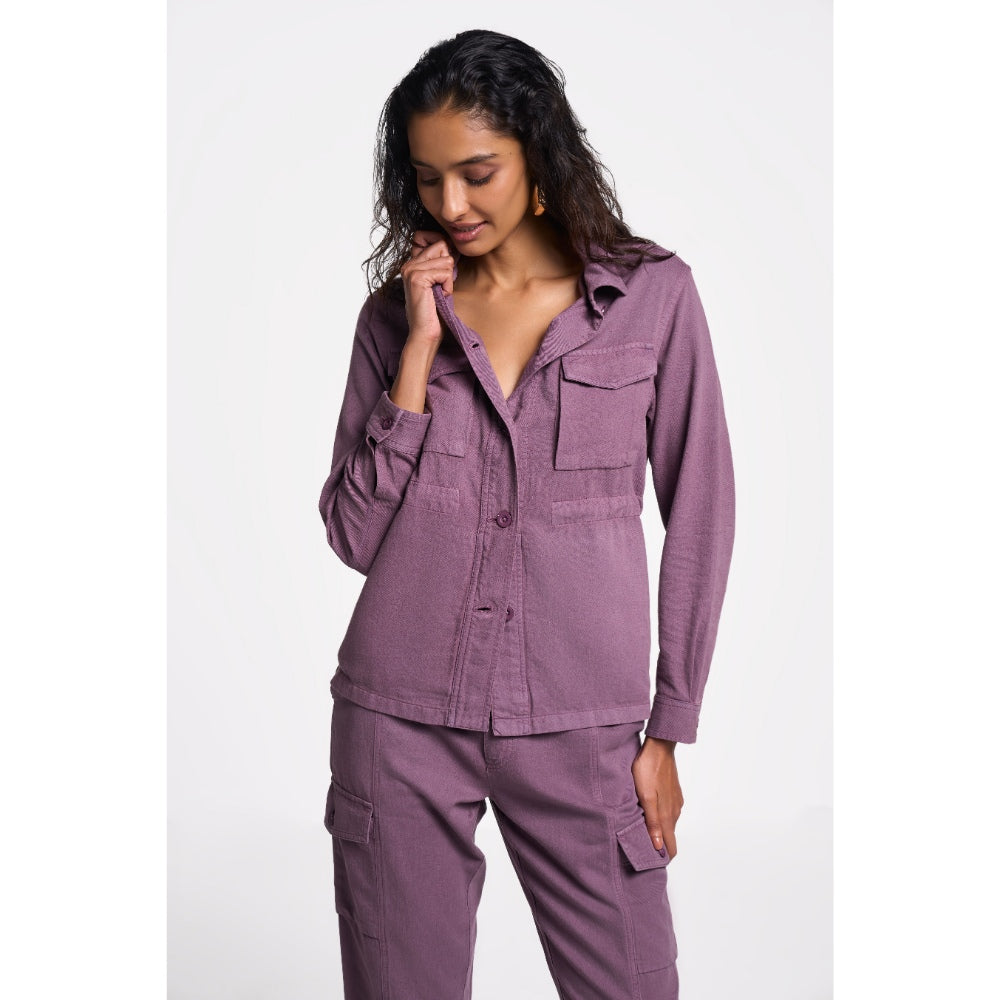 TERRA LUNA Women's Purple Solid Collar Neck Shacket