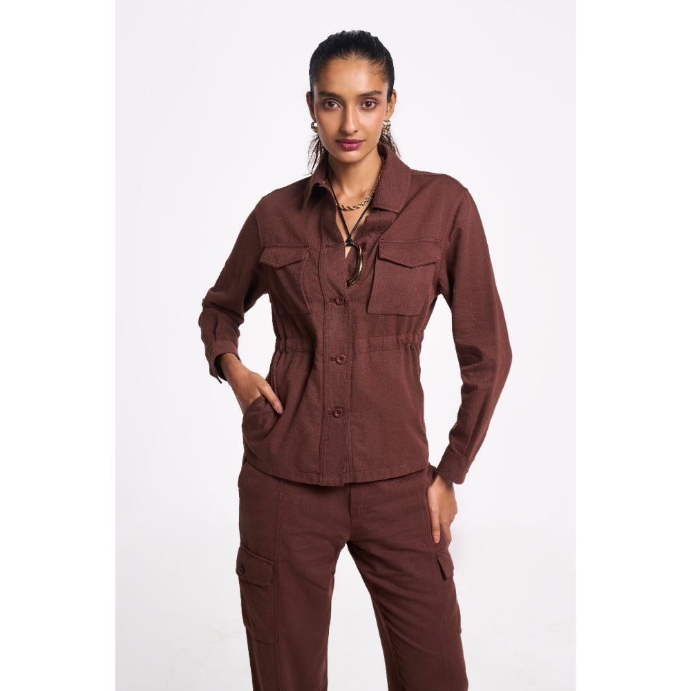 TERRA LUNA Women's Brown Solid Collar Neck Shacket