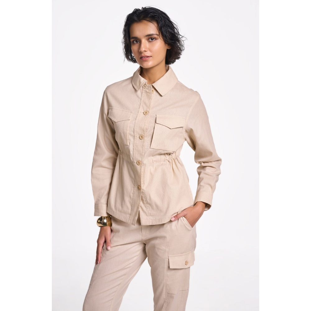 TERRA LUNA Women's Beige Solid Collar Neck Shacket