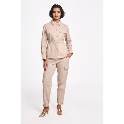 TERRA LUNA Women's Beige Solid Collar Neck Shacket