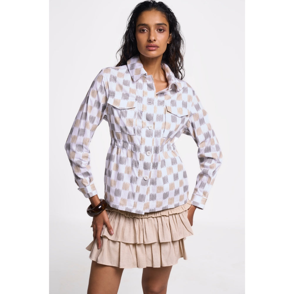 TERRA LUNA Women's Multicolor Checks Collar Neck Shacket