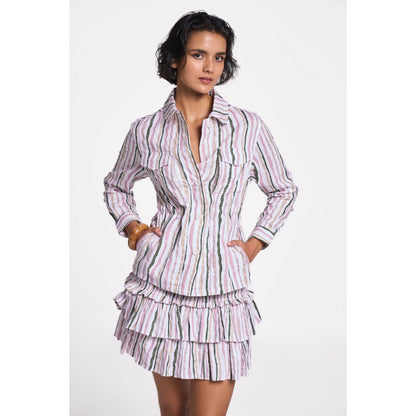 TERRA LUNA Women's Multicolor Stripes Collar Neck Shacket