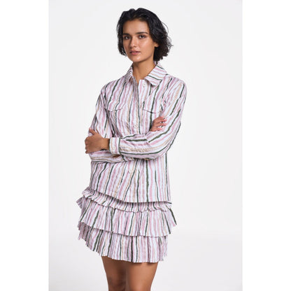 TERRA LUNA Women's Multicolor Stripes Collar Neck Shacket