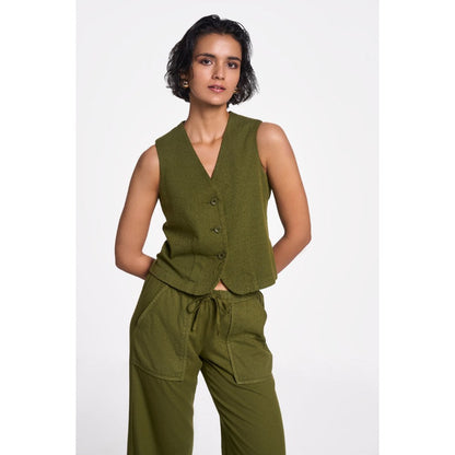 TERRA LUNA Women's Olive Solid Waistcoat