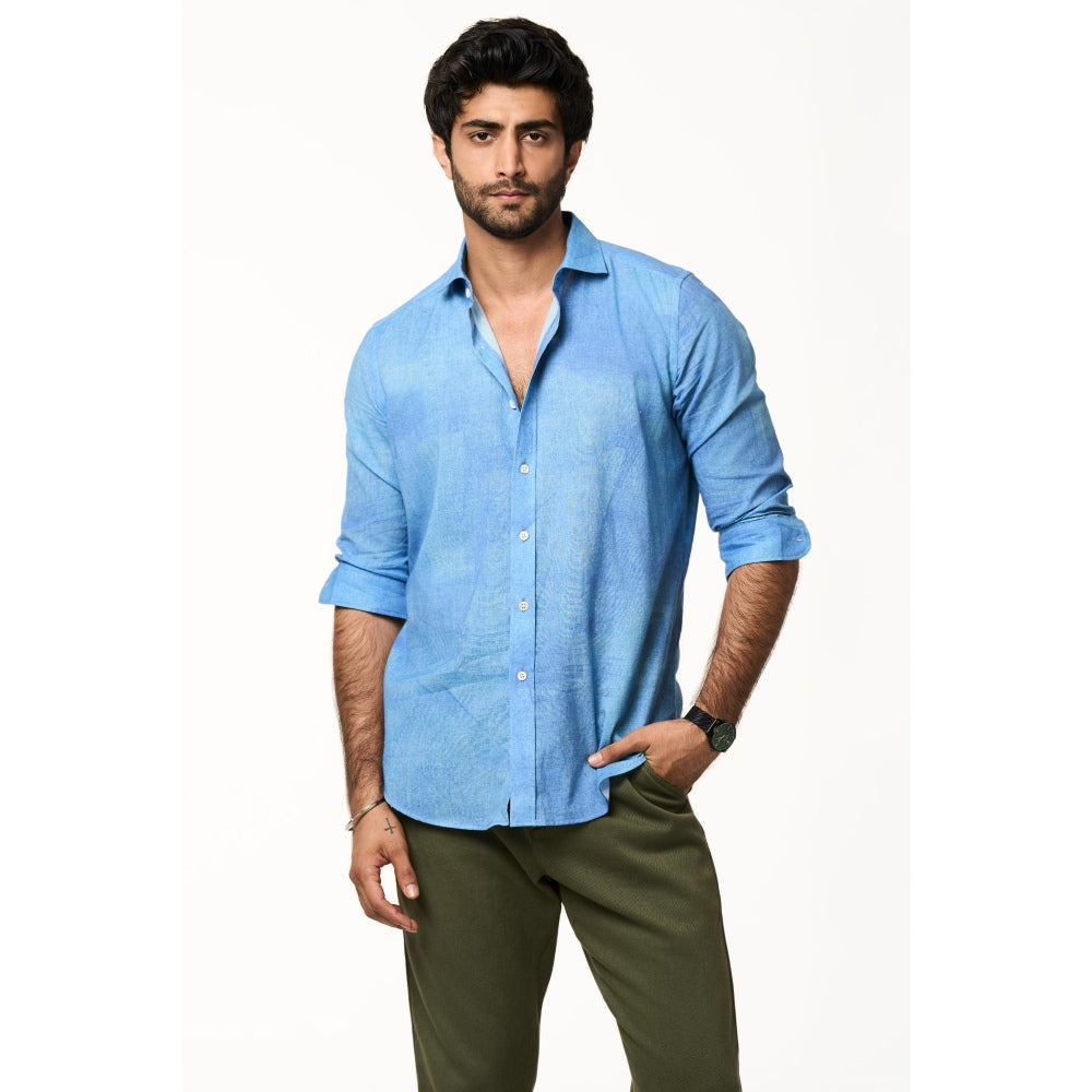 TERRA LUNA Men Sola Blue Solid Collar Neck Khadi Shirt
