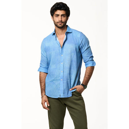 TERRA LUNA Men Sola Blue Solid Collar Neck Khadi Shirt