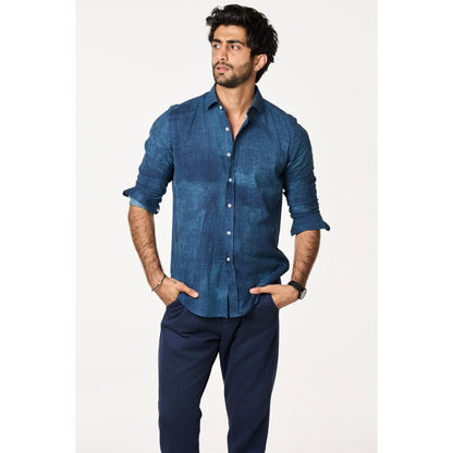 TERRA LUNA Men Sola Blue Solid Collar Neck Khadi Shirt