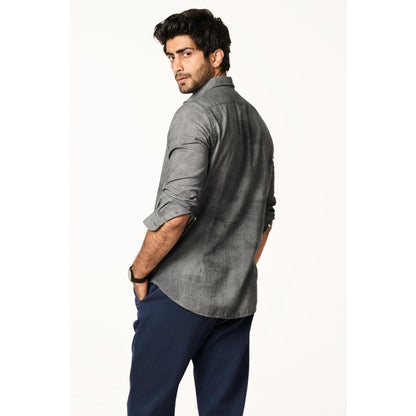 TERRA LUNA Men Sola Charcoal Solid Collar Neck Khadi Shirt