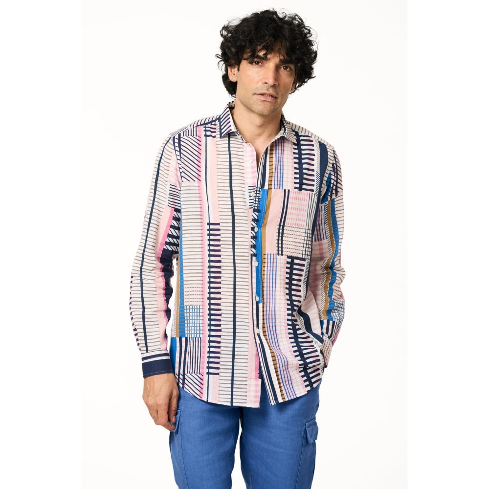 TERRA LUNA Men Sola Pink Printed Collar Neck Khadi Shirt