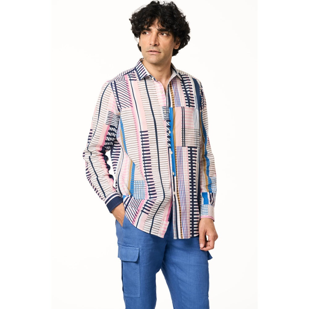 TERRA LUNA Men Sola Pink Printed Collar Neck Khadi Shirt