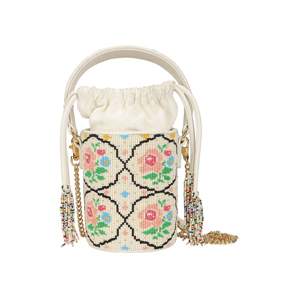 The Leather Garden Poppy Beaded Bucket Bag