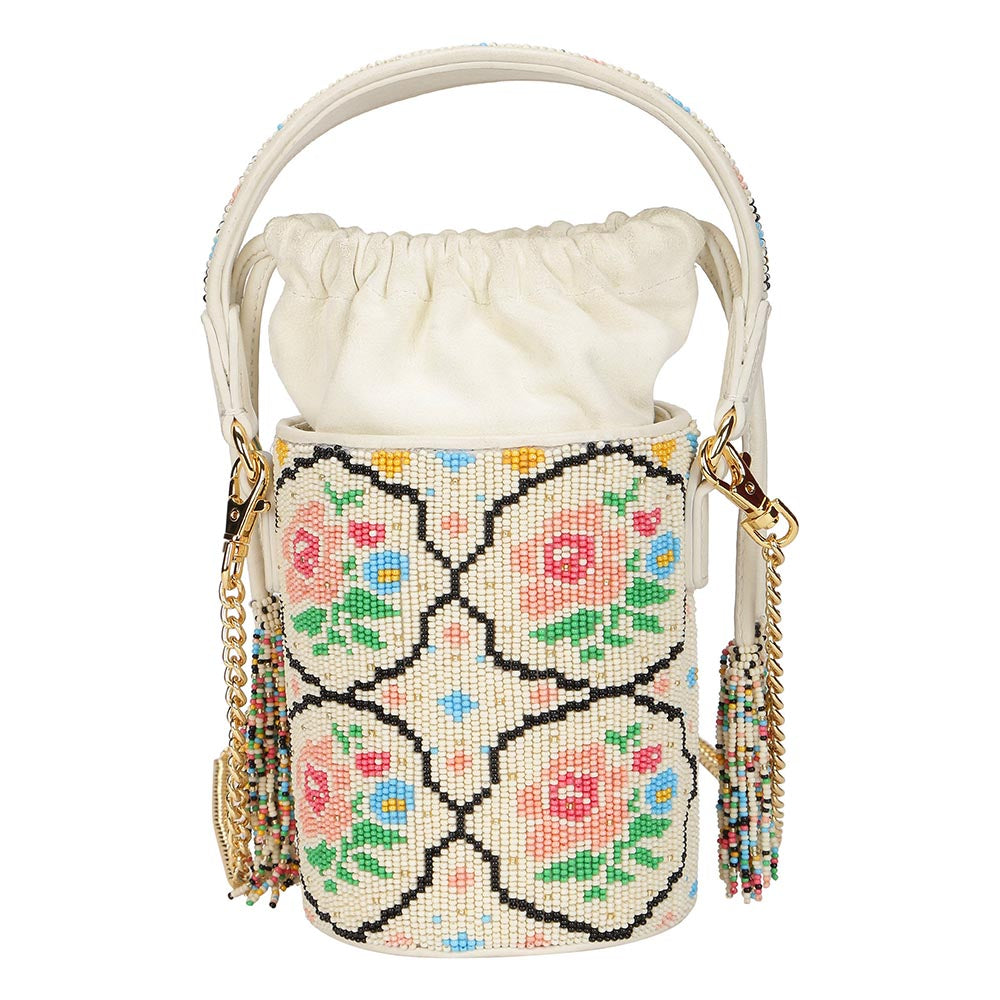 The Leather Garden Poppy Beaded Bucket Bag