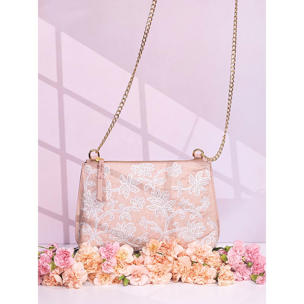 The Leather Garden Carnation Embroidered Peach Sling Bag