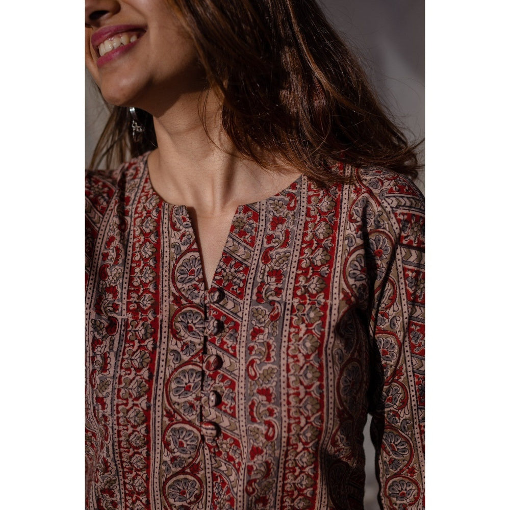 The Indian Ethnic Co. Red Kalamkari Cotton Short Kurta