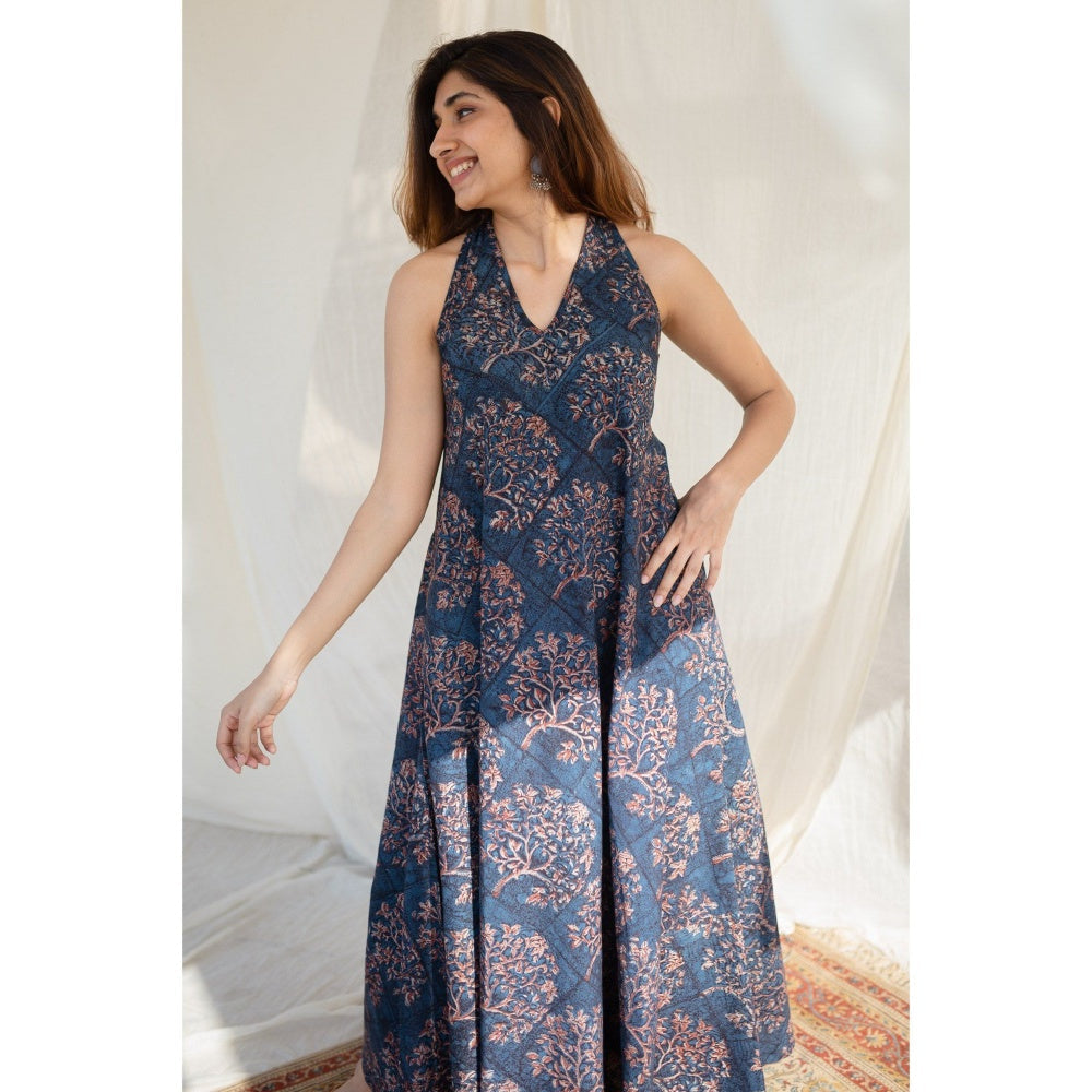 The Indian Ethnic Co. Indigo Halter Neck Cotton Maxi Dress