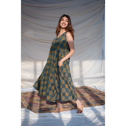 The Indian Ethnic Co. Green Ajrakh Flared Maxi Dress