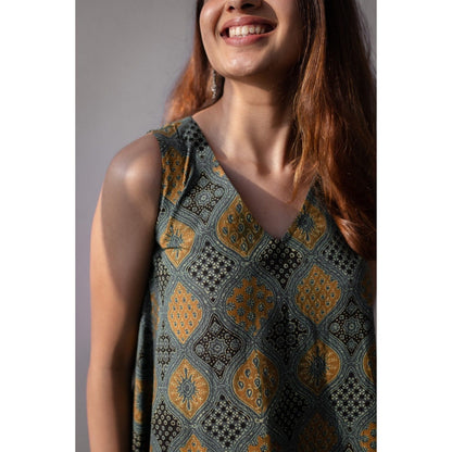 The Indian Ethnic Co. Green Ajrakh Flared Maxi Dress