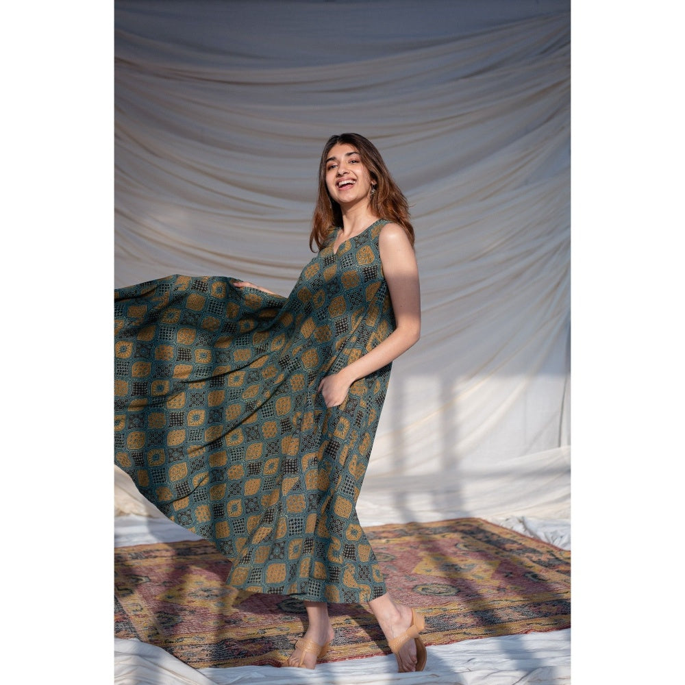 The Indian Ethnic Co. Green Ajrakh Flared Maxi Dress