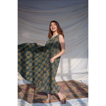 The Indian Ethnic Co. Green Ajrakh Flared Maxi Dress