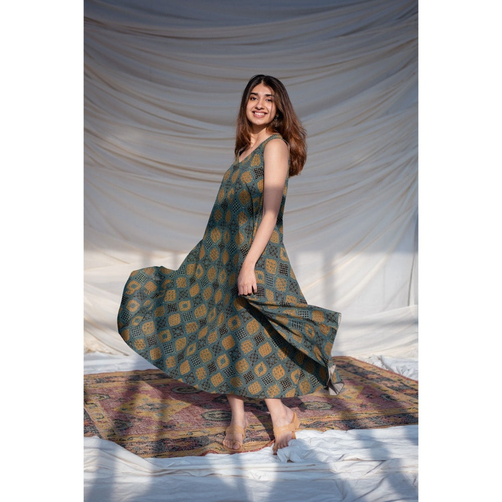 The Indian Ethnic Co. Green Ajrakh Flared Maxi Dress