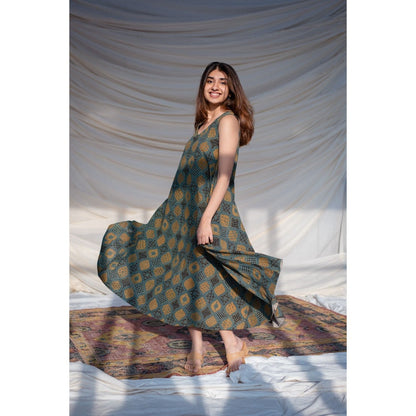 The Indian Ethnic Co. Green Ajrakh Flared Maxi Dress