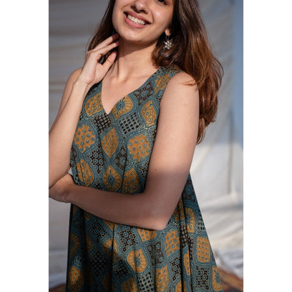 The Indian Ethnic Co. Green Ajrakh Flared Maxi Dress