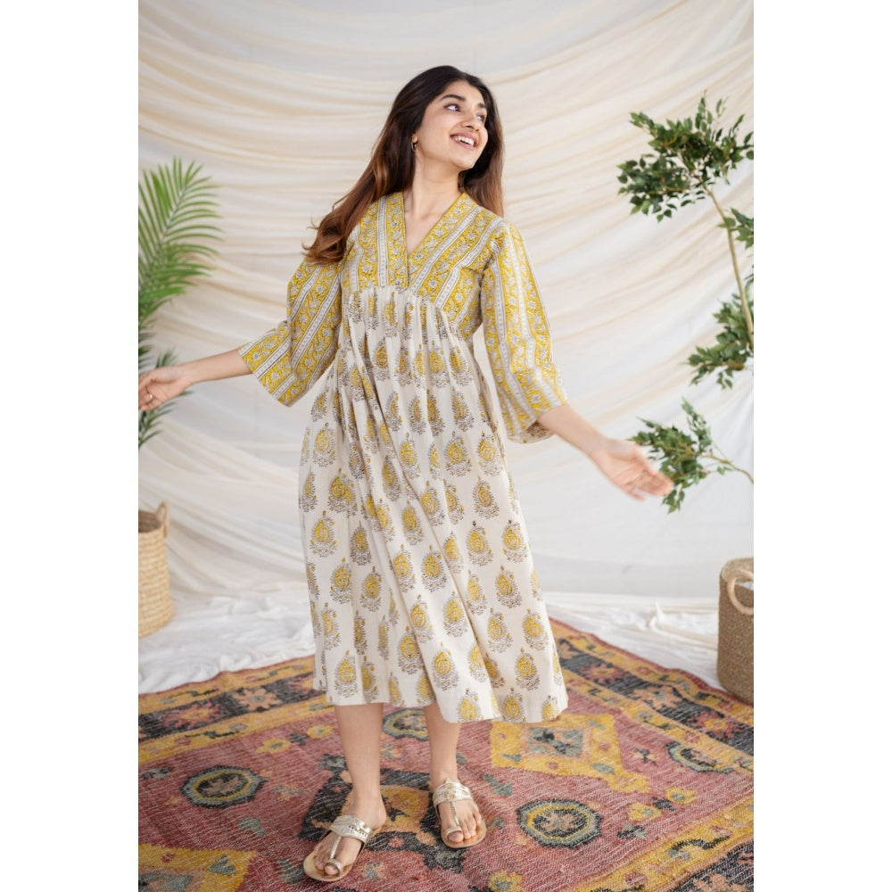The Indian Ethnic Co. Yellow Bagru Cotton Dress