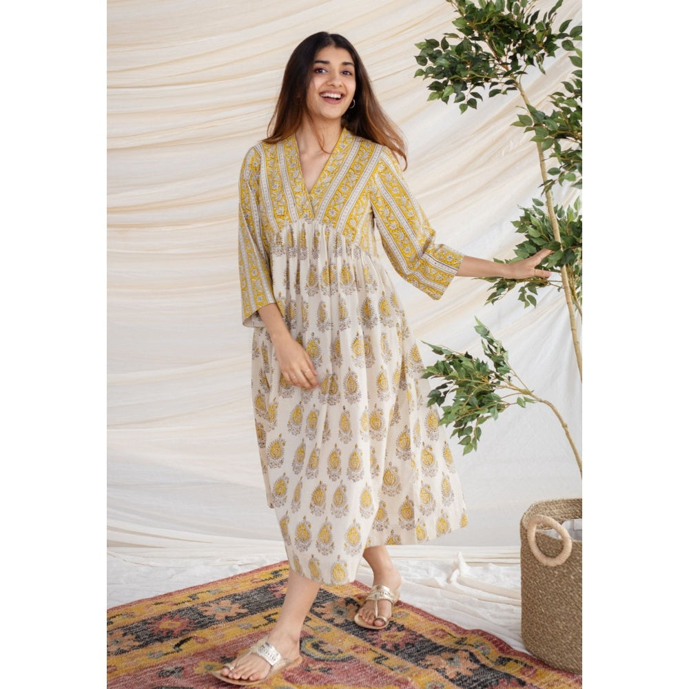 The Indian Ethnic Co. Yellow Bagru Cotton Dress