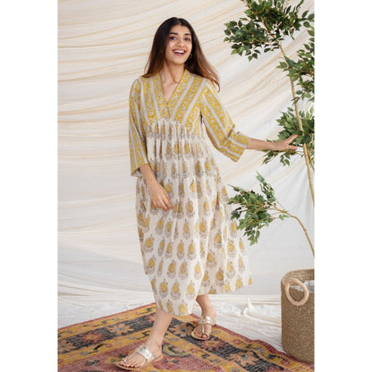 The Indian Ethnic Co. Yellow Bagru Cotton Dress