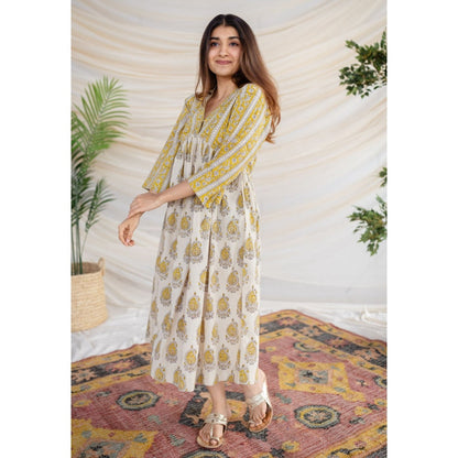 The Indian Ethnic Co. Yellow Bagru Cotton Dress