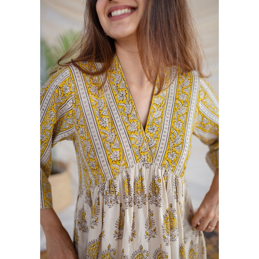 The Indian Ethnic Co. Yellow Bagru Cotton Dress