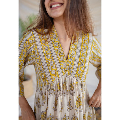 The Indian Ethnic Co. Yellow Bagru Cotton Dress