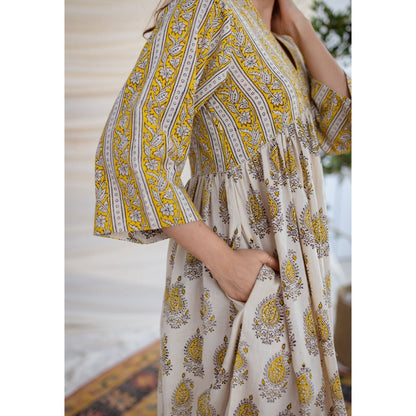 The Indian Ethnic Co. Yellow Bagru Cotton Dress