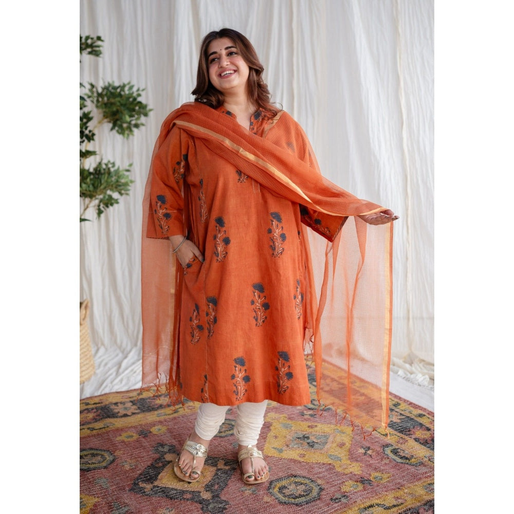The Indian Ethnic Co. Rust Orange Kota Doria Cotton Dupatta