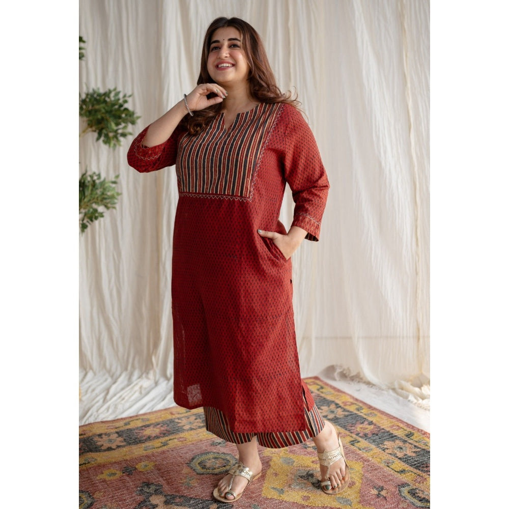 The Indian Ethnic Co. Ajrakh Slub Cotton Hand Embroidered Co-Ord (Set of 2)