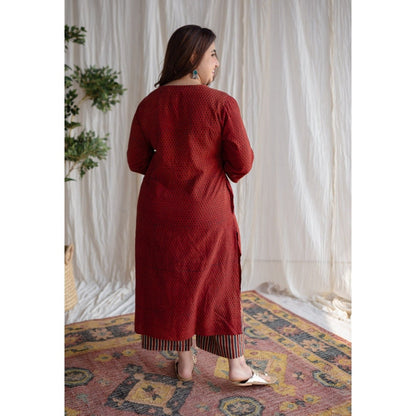The Indian Ethnic Co. Ajrakh Slub Cotton Hand Embroidered Co-Ord (Set of 2)