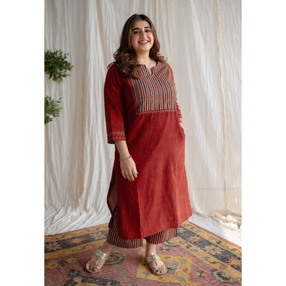 The Indian Ethnic Co. Ajrakh Slub Cotton Hand Embroidered Co-Ord (Set of 2)