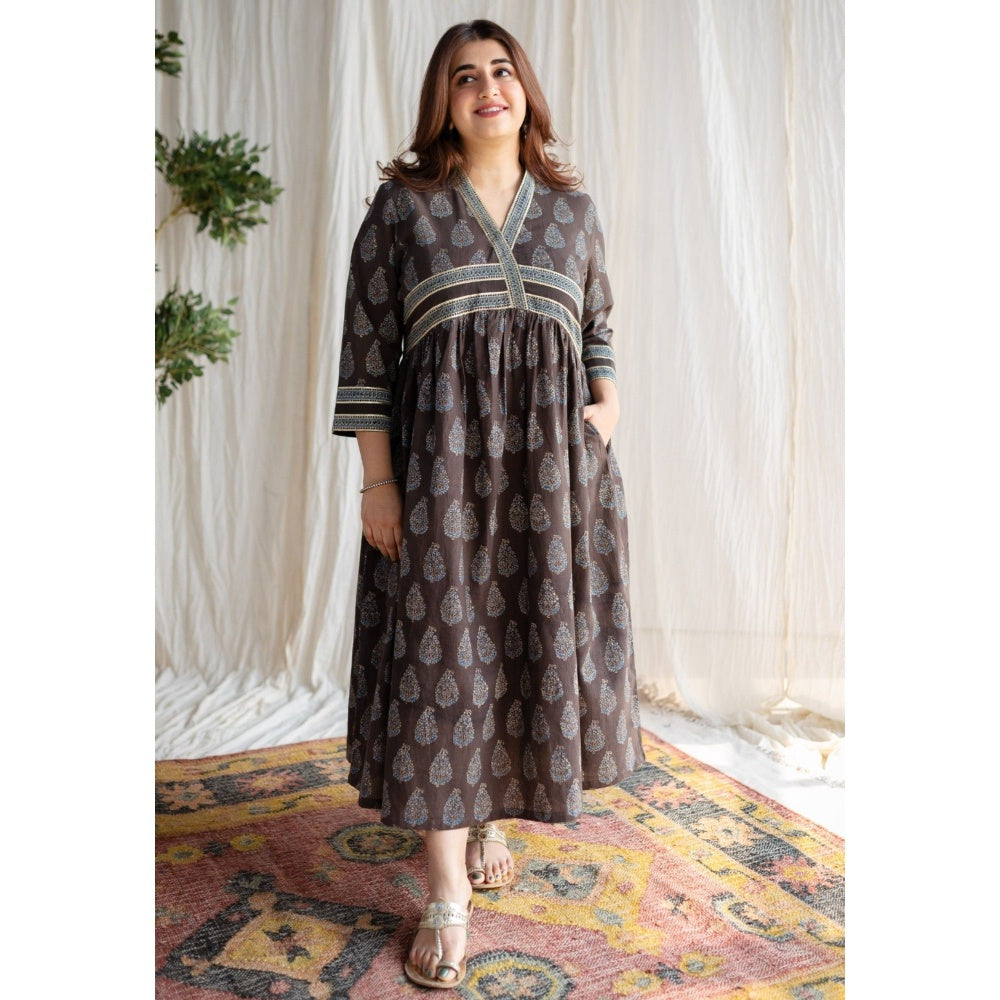The Indian Ethnic Co. Brown Ajrakh Cotton Midi Dress