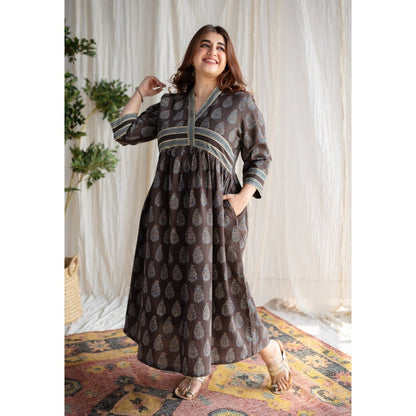 The Indian Ethnic Co. Brown Ajrakh Cotton Midi Dress