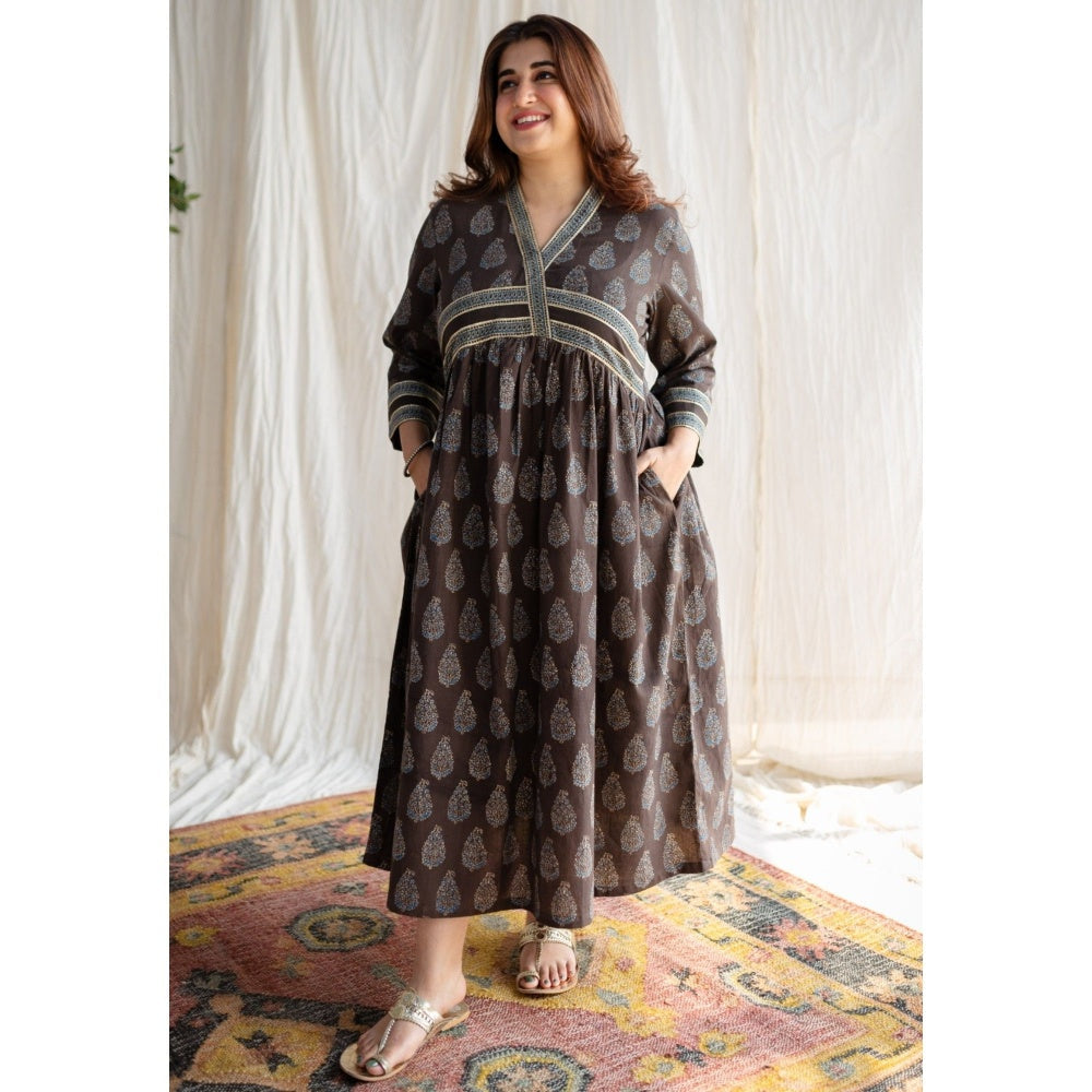 The Indian Ethnic Co. Brown Ajrakh Cotton Midi Dress