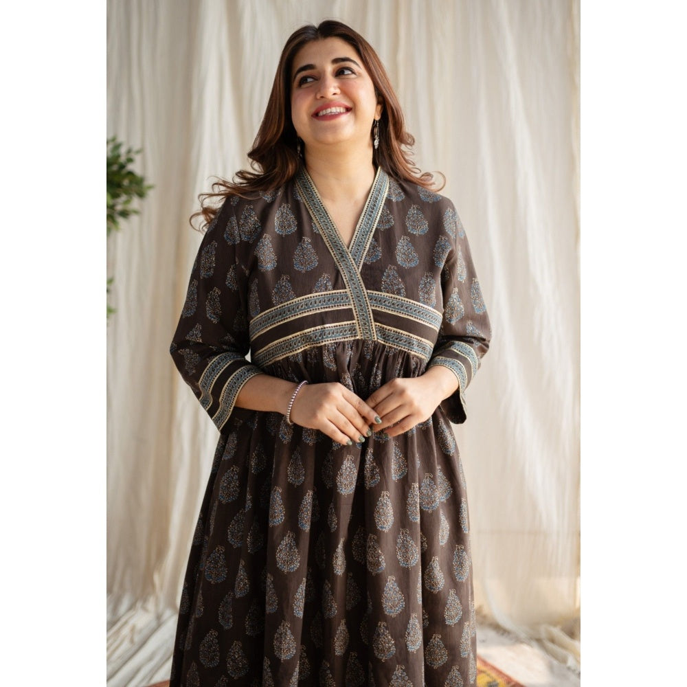 The Indian Ethnic Co. Brown Ajrakh Cotton Midi Dress