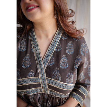 The Indian Ethnic Co. Brown Ajrakh Cotton Midi Dress