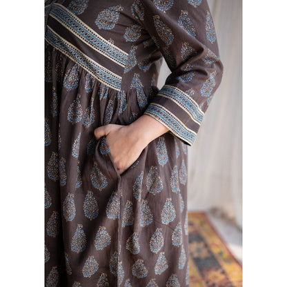 The Indian Ethnic Co. Brown Ajrakh Cotton Midi Dress