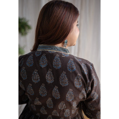 The Indian Ethnic Co. Brown Ajrakh Cotton Midi Dress