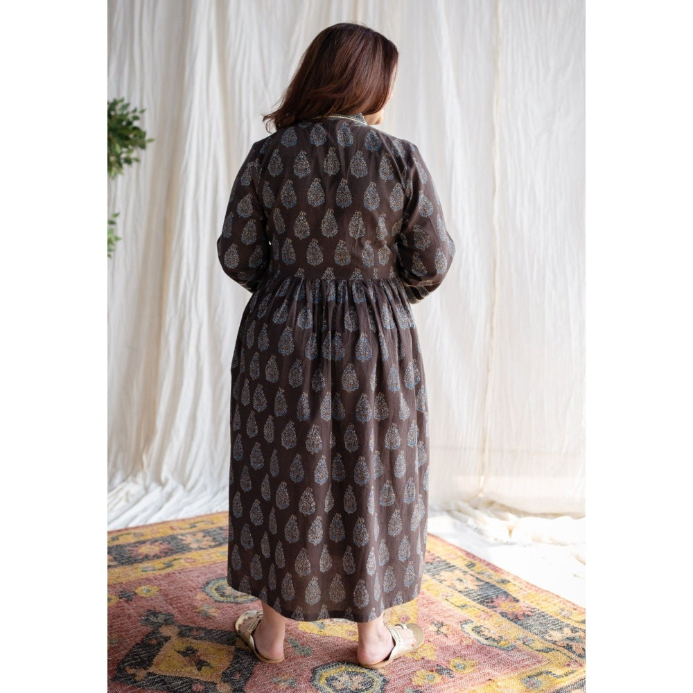 The Indian Ethnic Co. Brown Ajrakh Cotton Midi Dress