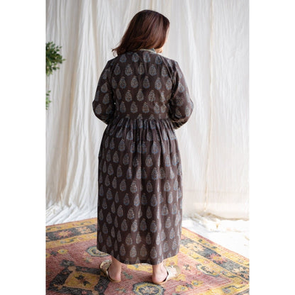 The Indian Ethnic Co. Brown Ajrakh Cotton Midi Dress