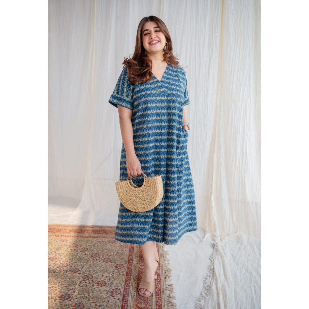 The Indian Ethnic Co. Indigo Ajrakh Cotton Midi Dress